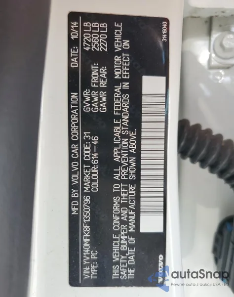 2015 Volvo S60 Premier z USA, uszkodzony, nr VIN YV140MFK8F1350796